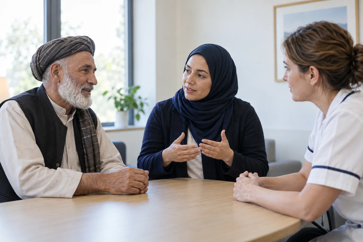 Illustrative scene of an interpreter helping a client during a care conversation